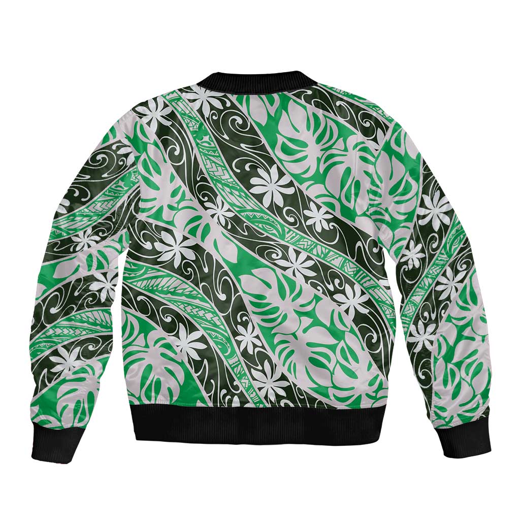 Matie Tahiti Tiare Monstera Sleeve Zip Bomber Jacket Polynesian Pattern Curve Style - Polynesian Pride