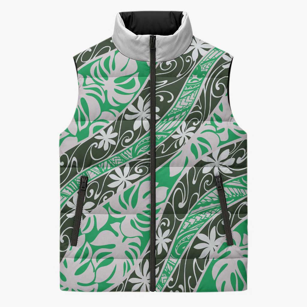 Matie Tahiti Tiare Monstera Sleeveless Puffer Jacket Polynesian Pattern Curve Style - Polynesian Pride