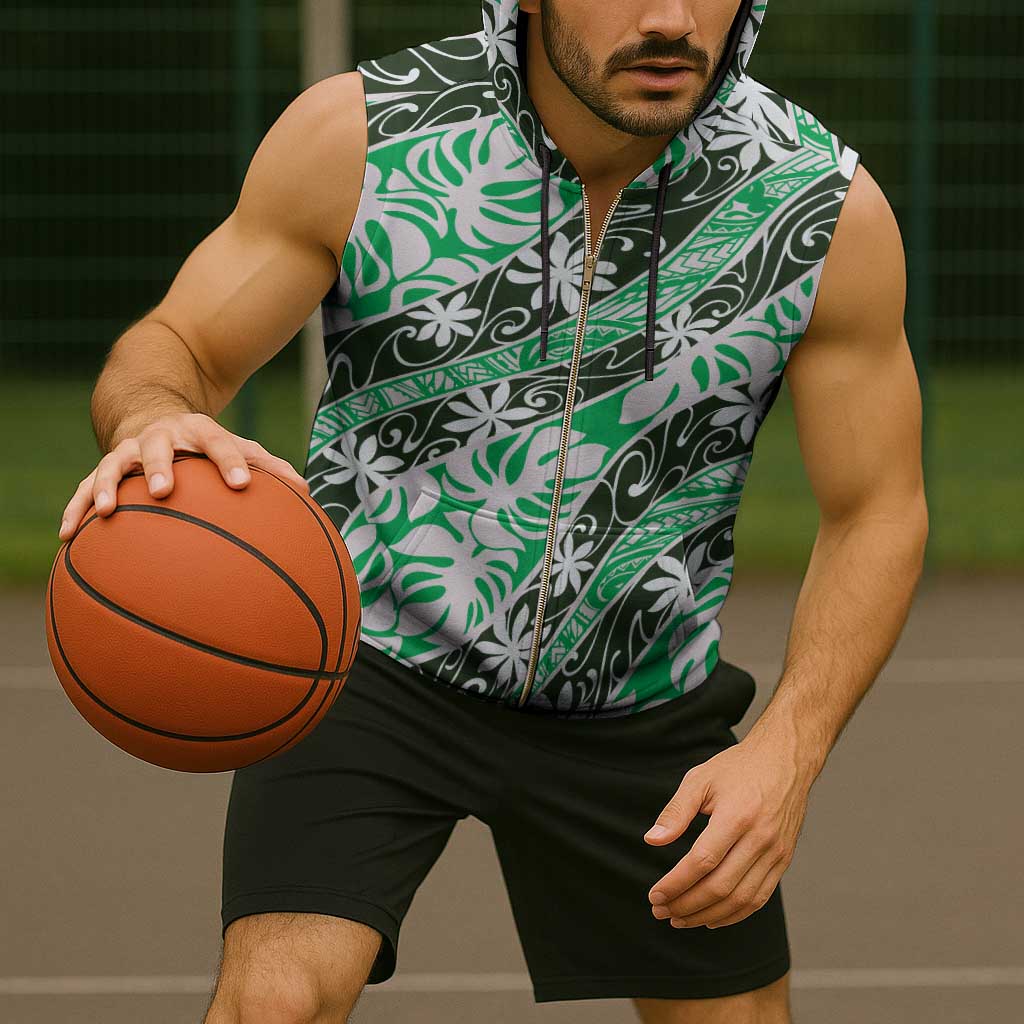 Matie Tahiti Tiare Monstera Sleeveless Zip Hoodie Polynesian Pattern Curve Style - Polynesian Pride