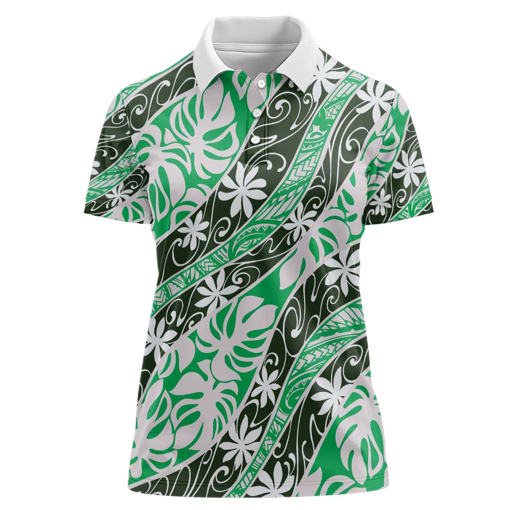 Matie Tahiti Tiare Monstera Women Polo Shirt Polynesian Pattern Curve Style - Polynesian Pride