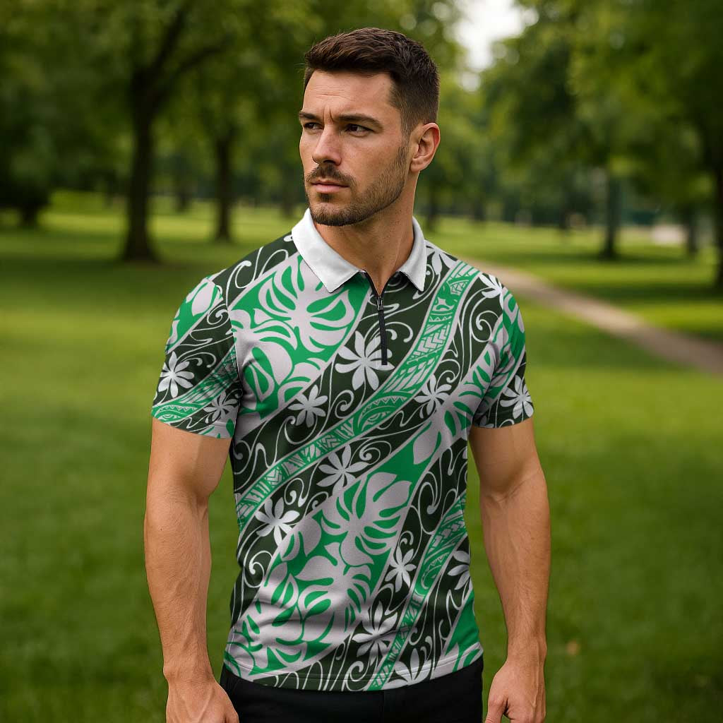 Matie Tahiti Tiare Monstera Zipper Polo Shirt Polynesian Pattern Curve Style - Polynesian Pride