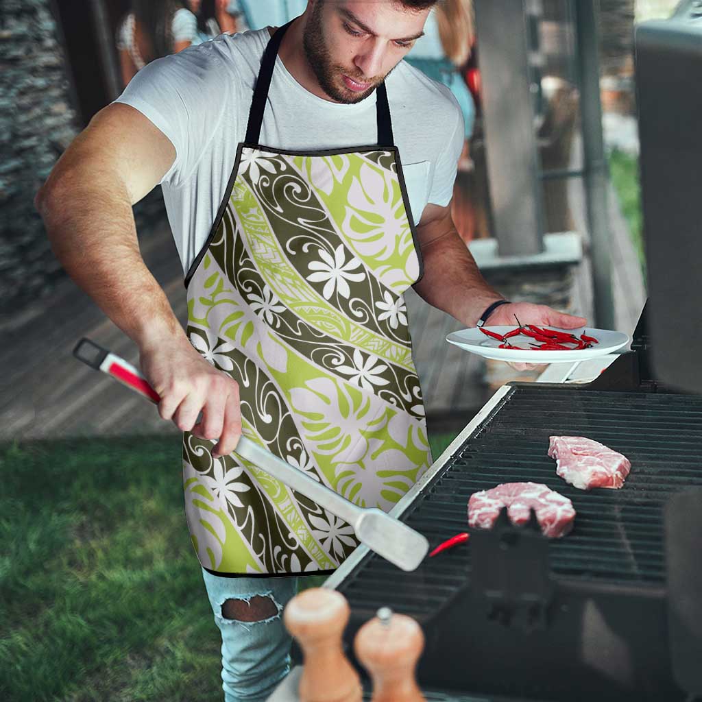 Olive Tahiti Tiare Monstera Apron Polynesian Pattern Curve Style - Polynesian Pride