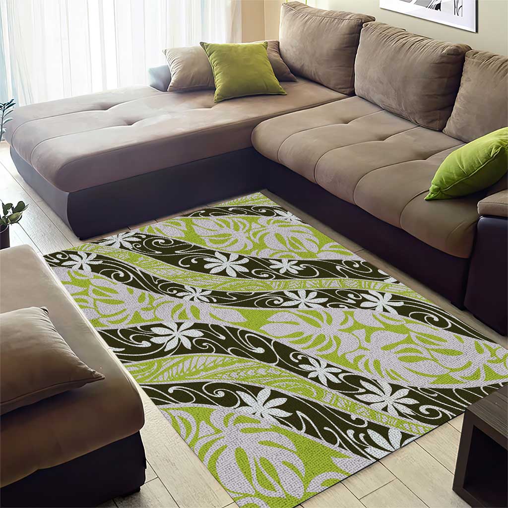 Olive Tahiti Tiare Monstera Area Rug Polynesian Pattern Curve Style - Polynesian Pride