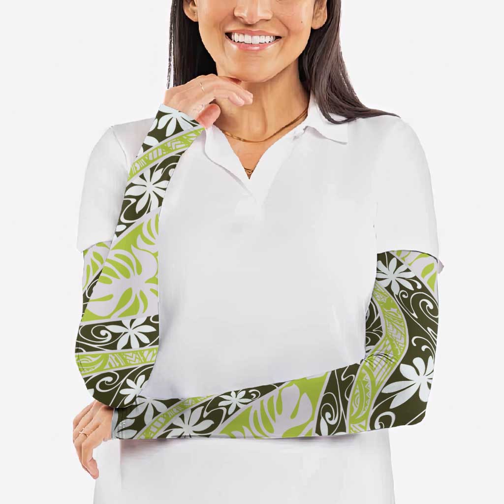 Olive Tahiti Tiare Monstera Arm Sleeves Polynesian Pattern Curve Style - Polynesian Pride