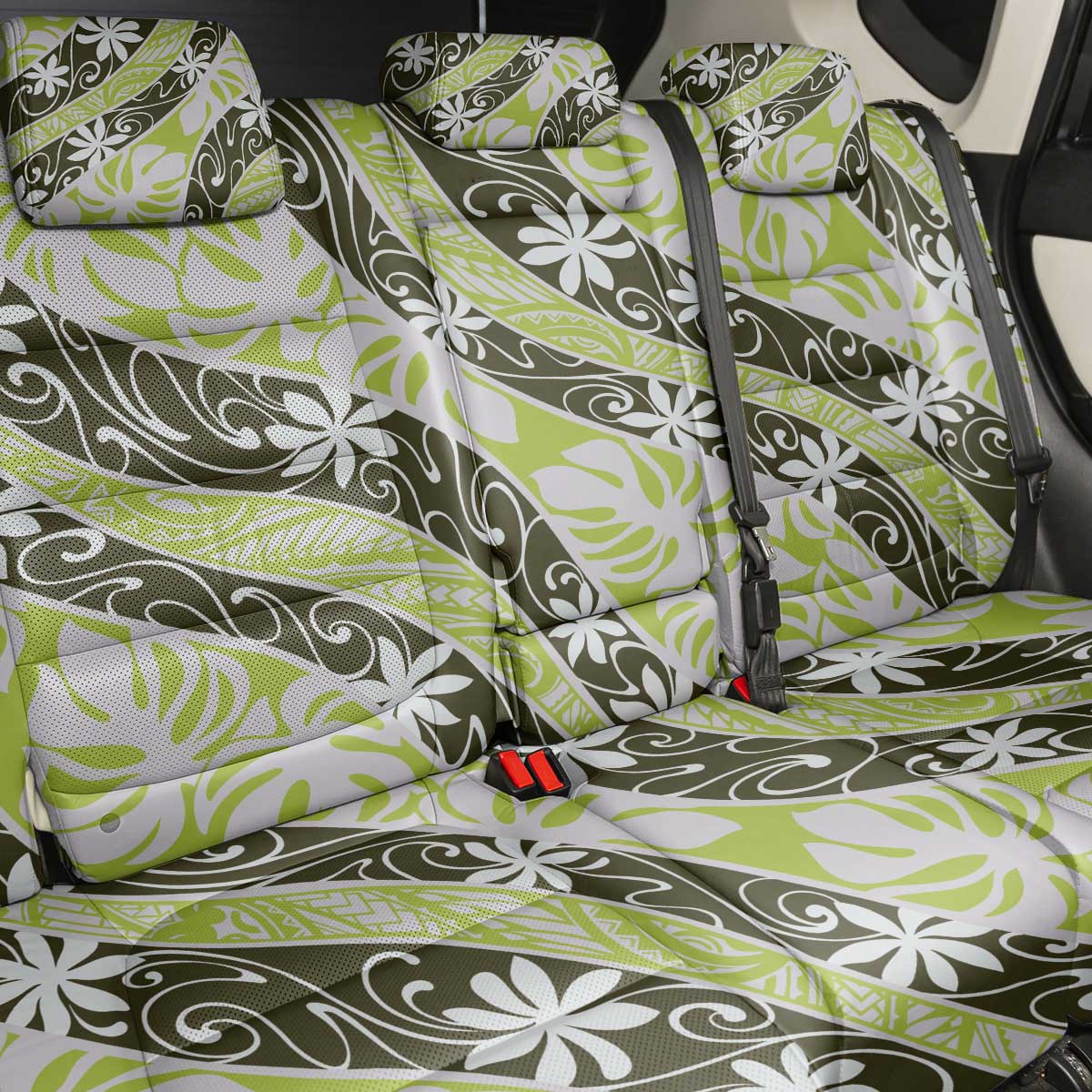 Olive Tahiti Tiare Monstera Back Car Seat Cover Polynesian Pattern Curve Style - Polynesian Pride