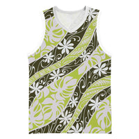 Olive Tahiti Tiare Monstera Basketball Jersey Polynesian Pattern Curve Style - Polynesian Pride
