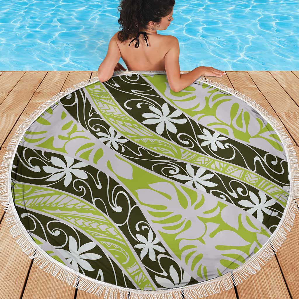 Olive Tahiti Tiare Monstera Beach Blanket Polynesian Pattern Curve Style - Polynesian Pride
