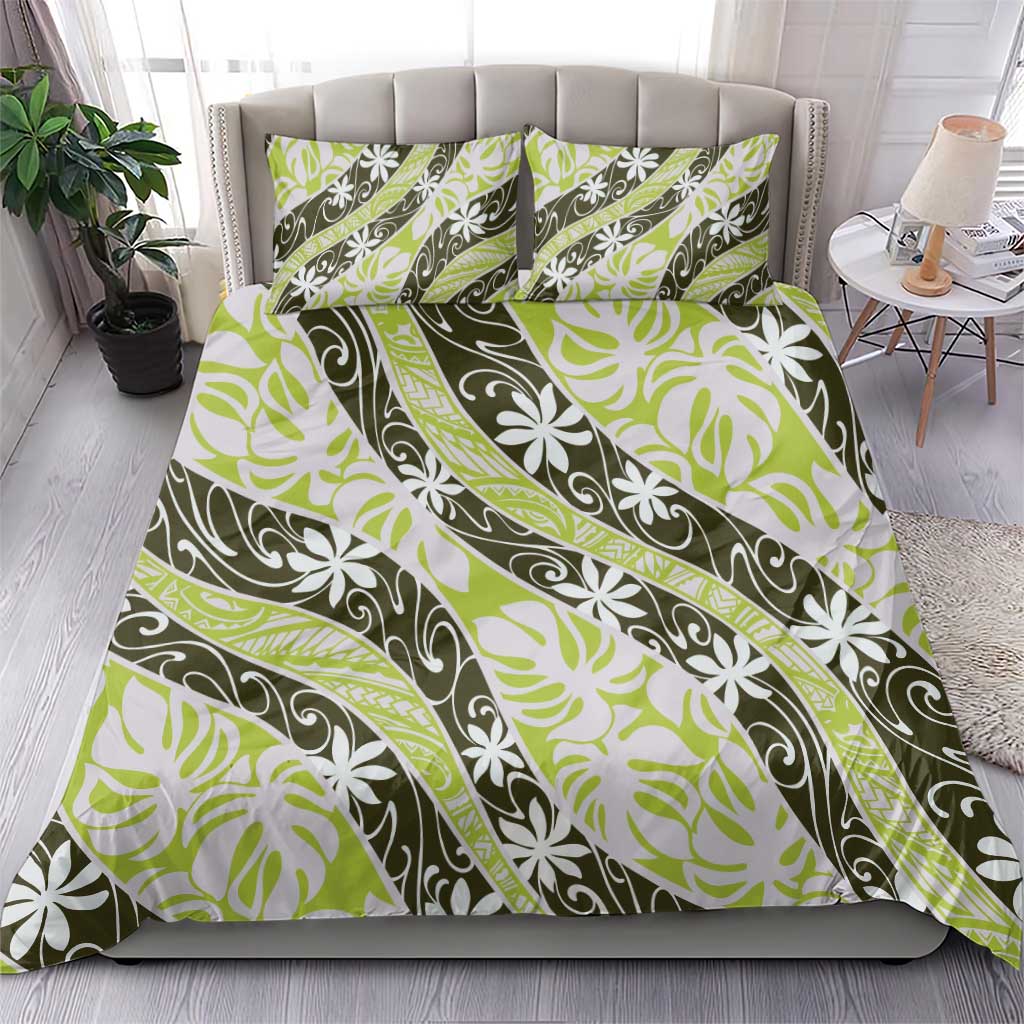Olive Tahiti Tiare Monstera Bedding Set Polynesian Pattern Curve Style - Polynesian Pride