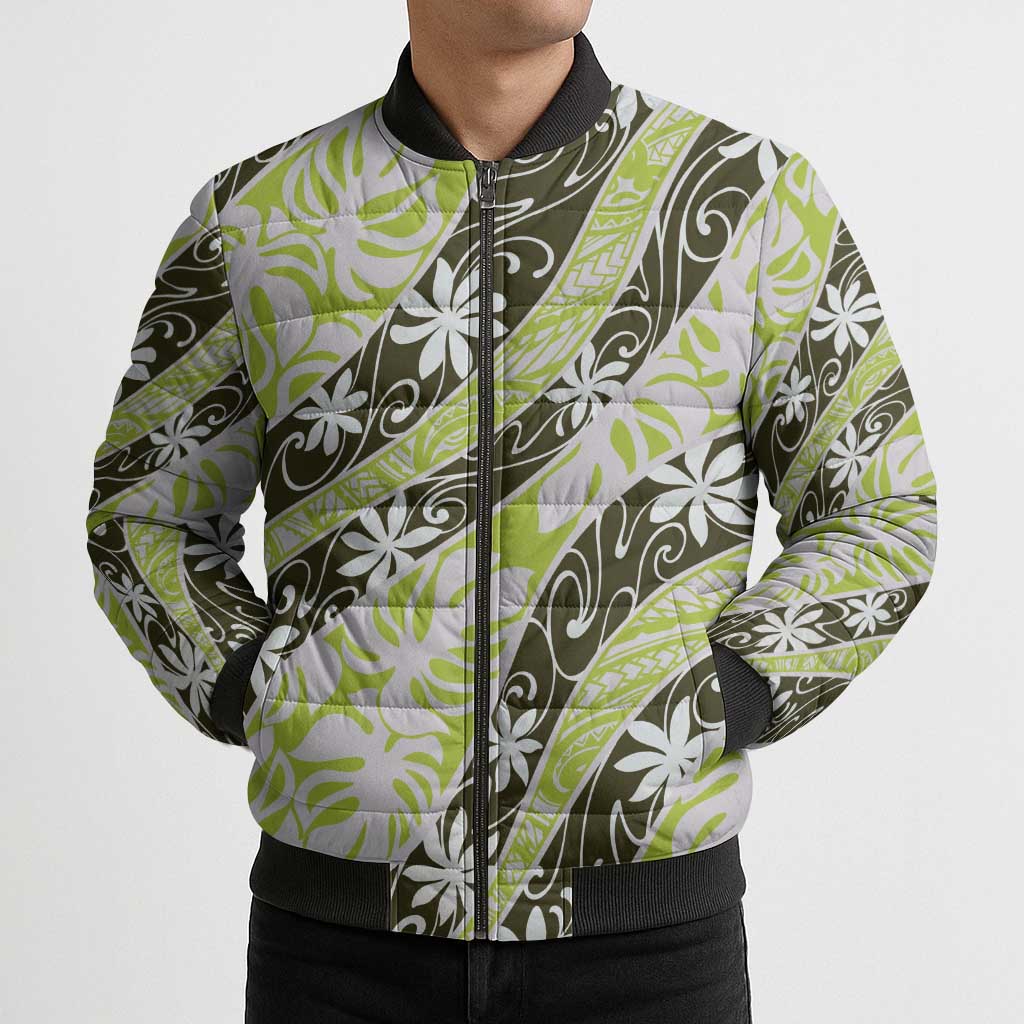 Olive Tahiti Tiare Monstera Bomber Puffer Jacket Polynesian Pattern Curve Style - Polynesian Pride