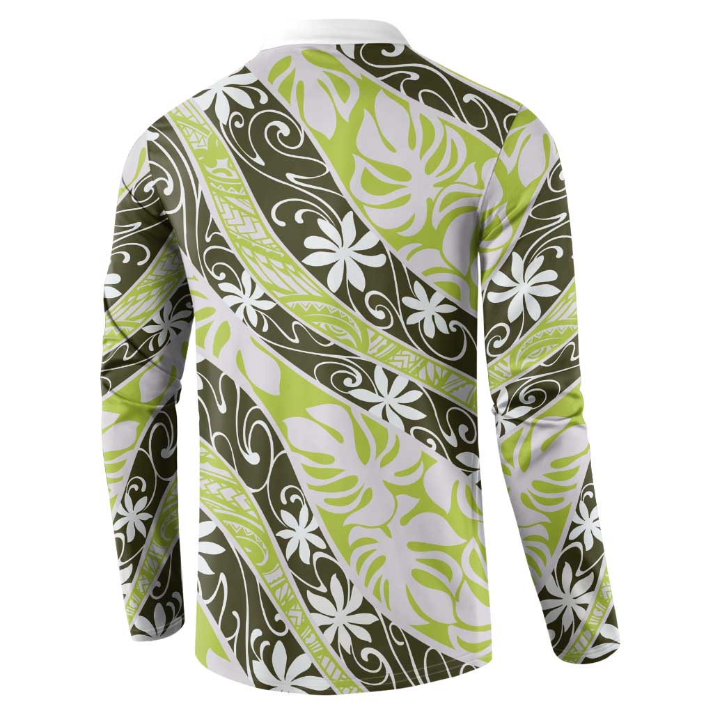 Olive Tahiti Tiare Monstera Button Sweatshirt Polynesian Pattern Curve Style - Polynesian Pride