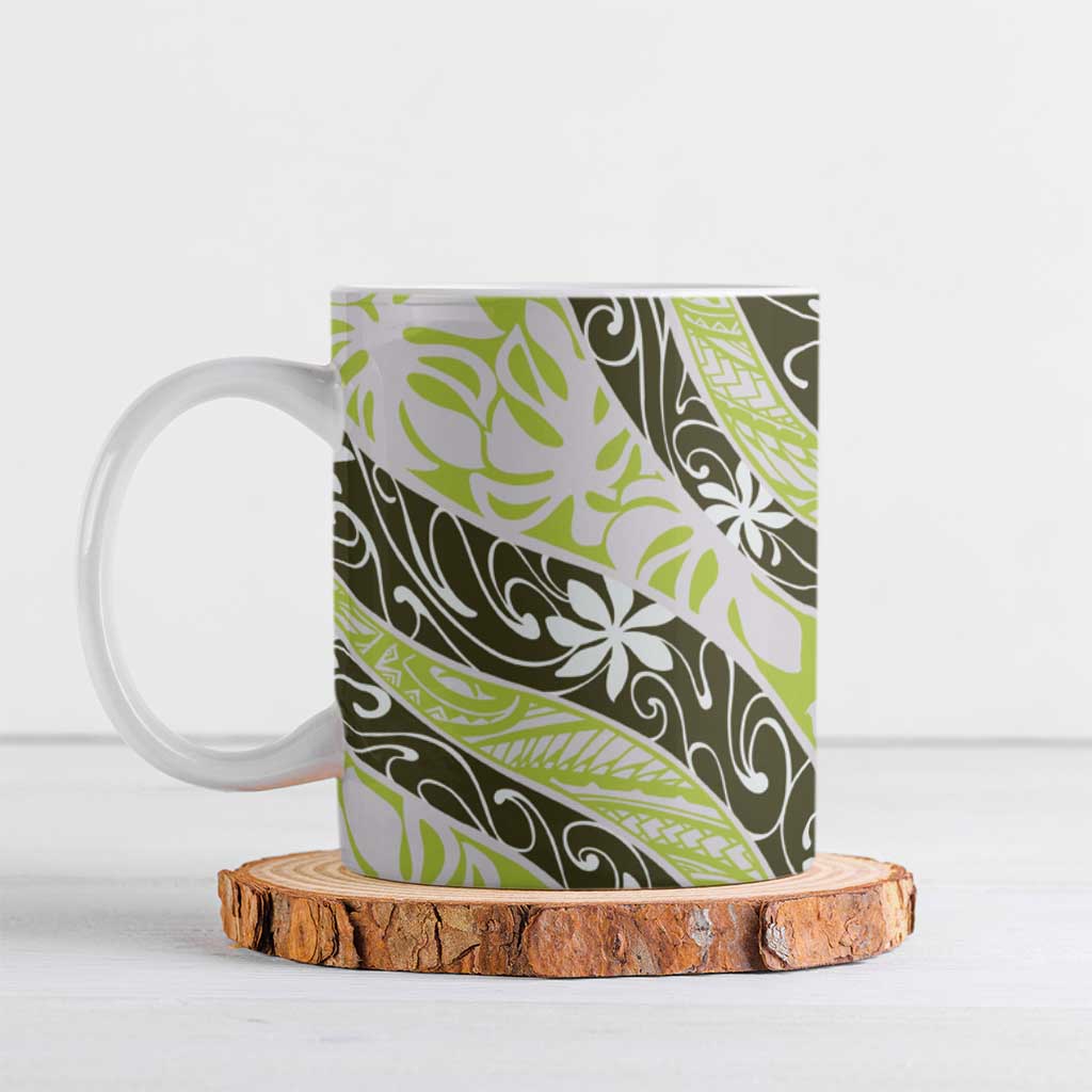 Olive Tahiti Tiare Monstera Ceramic Mug Polynesian Pattern Curve Style - Polynesian Pride