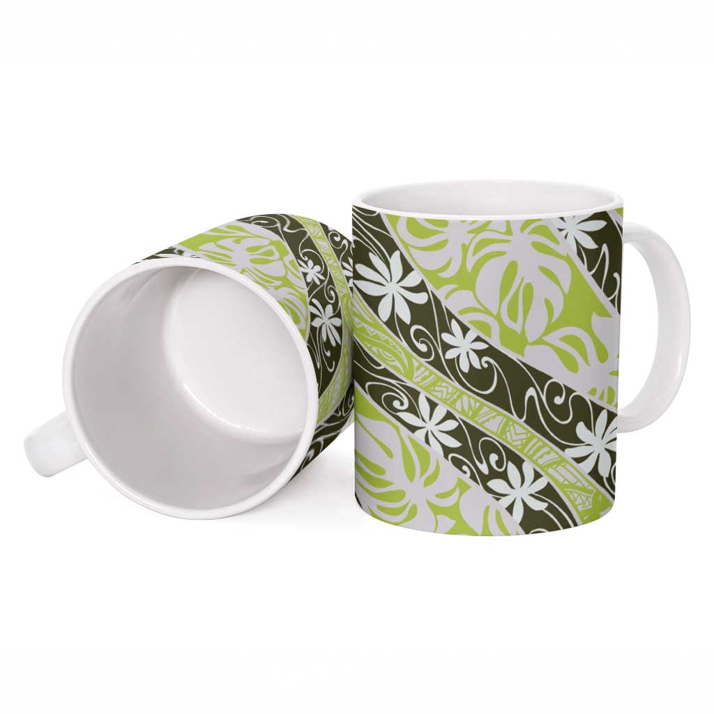 Olive Tahiti Tiare Monstera Ceramic Mug Polynesian Pattern Curve Style - Polynesian Pride