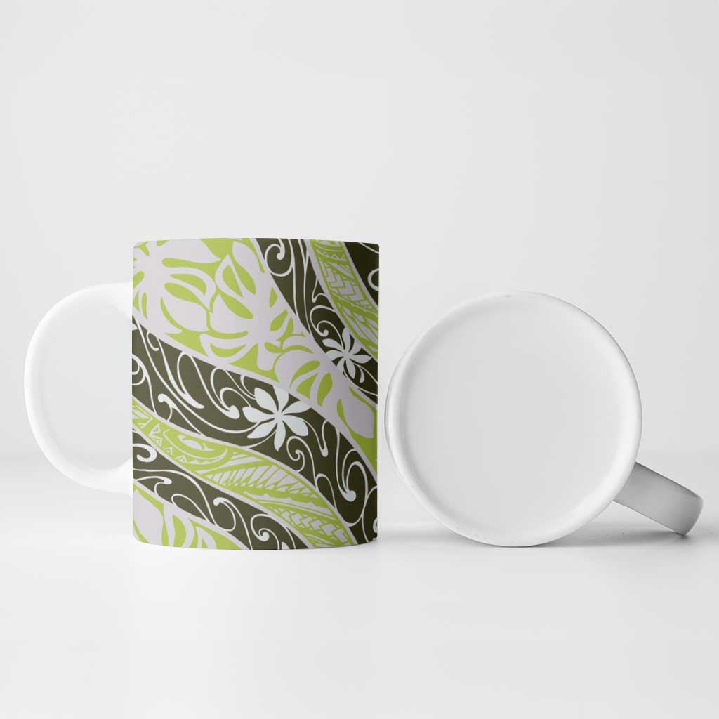 Olive Tahiti Tiare Monstera Ceramic Mug Polynesian Pattern Curve Style - Polynesian Pride