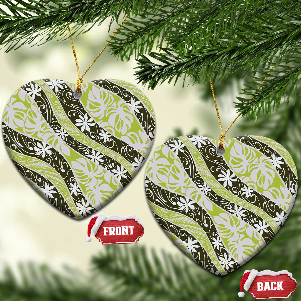 Olive Tahiti Tiare Monstera Ceramic Ornament Polynesian Pattern Curve Style - Polynesian Pride