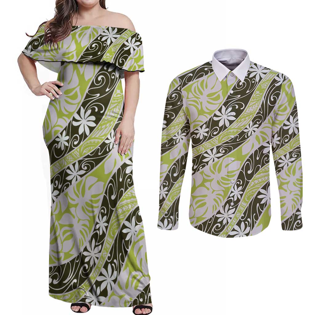 Olive Tahiti Tiare Monstera Couples Matching Off Shoulder Maxi Dress and Long Sleeve Button Shirt Polynesian Pattern Curve Style - Polynesian Pride