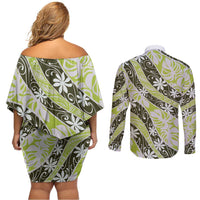 Olive Tahiti Tiare Monstera Couples Matching Off Shoulder Short Dress and Long Sleeve Button Shirt Polynesian Pattern Curve Style - Polynesian Pride