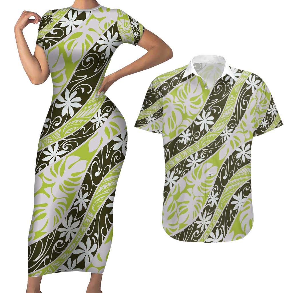 Olive Tahiti Tiare Monstera Couples Matching Short Sleeve Bodycon Dress and Hawaiian Shirt Polynesian Pattern Curve Style - Polynesian Pride