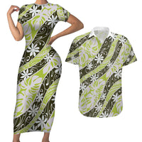 Olive Tahiti Tiare Monstera Couples Matching Short Sleeve Bodycon Dress and Hawaiian Shirt Polynesian Pattern Curve Style - Polynesian Pride