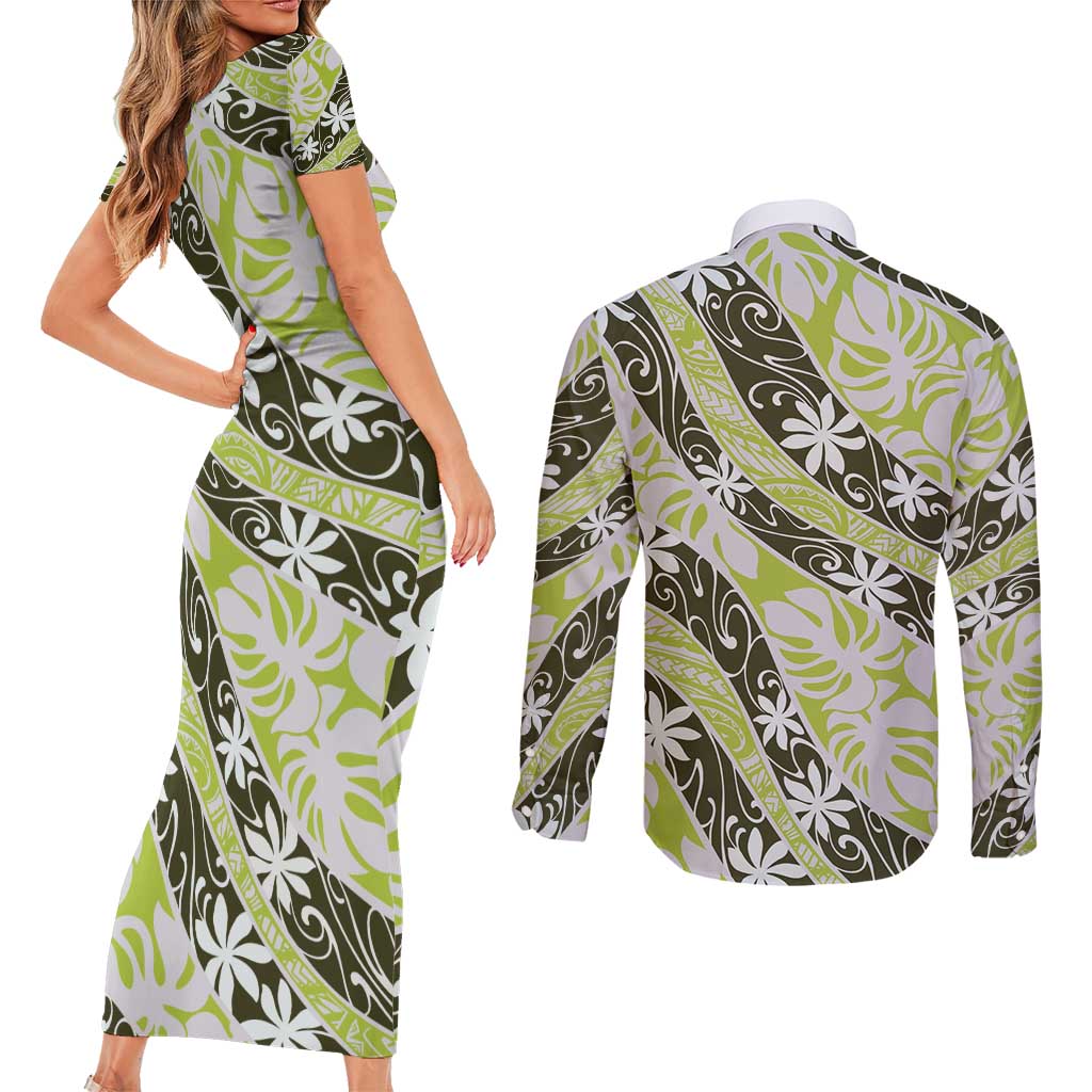 Olive Tahiti Tiare Monstera Couples Matching Short Sleeve Bodycon Dress and Long Sleeve Button Shirt Polynesian Pattern Curve Style - Polynesian Pride