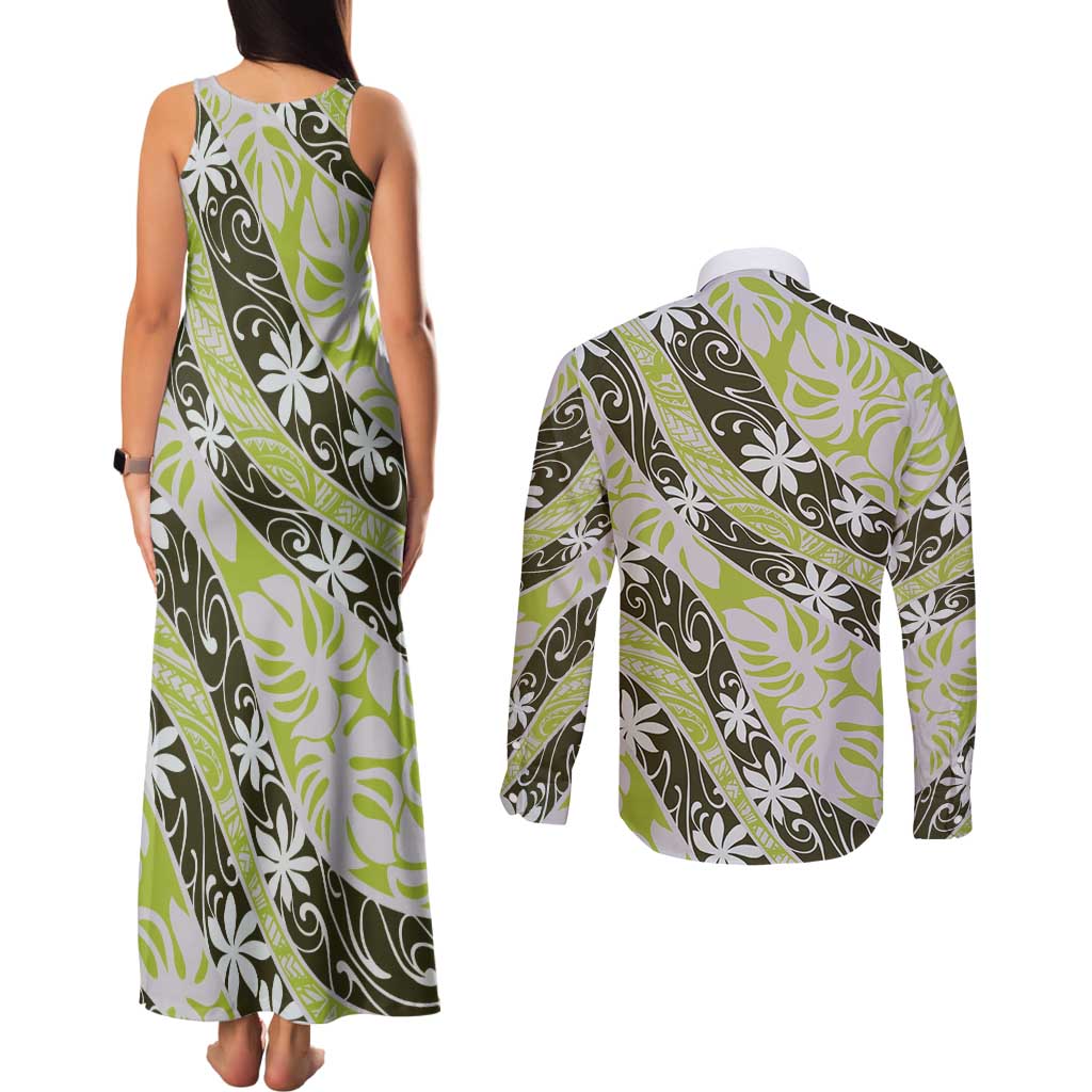 Olive Tahiti Tiare Monstera Couples Matching Tank Maxi Dress and Long Sleeve Button Shirt Polynesian Pattern Curve Style - Polynesian Pride