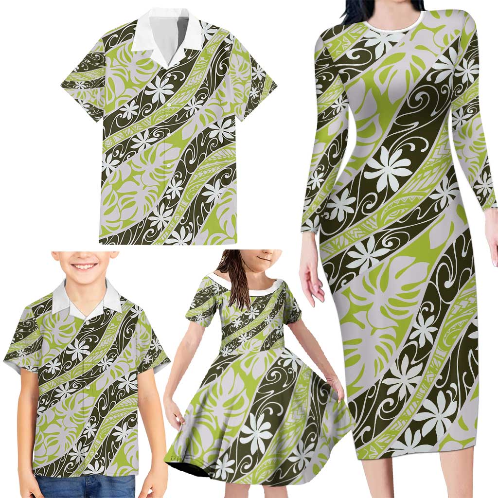 Olive Tahiti Tiare Monstera Family Matching Long Sleeve Bodycon Dress and Hawaiian Shirt Polynesian Pattern Curve Style - Polynesian Pride