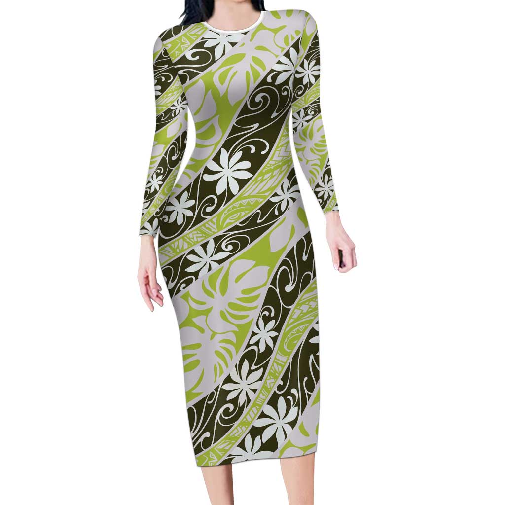 Olive Tahiti Tiare Monstera Family Matching Long Sleeve Bodycon Dress and Hawaiian Shirt Polynesian Pattern Curve Style - Polynesian Pride