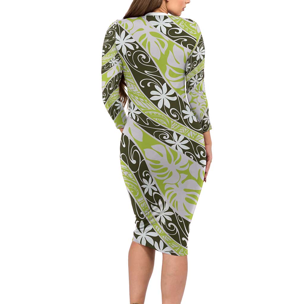 Olive Tahiti Tiare Monstera Family Matching Long Sleeve Bodycon Dress and Hawaiian Shirt Polynesian Pattern Curve Style - Polynesian Pride