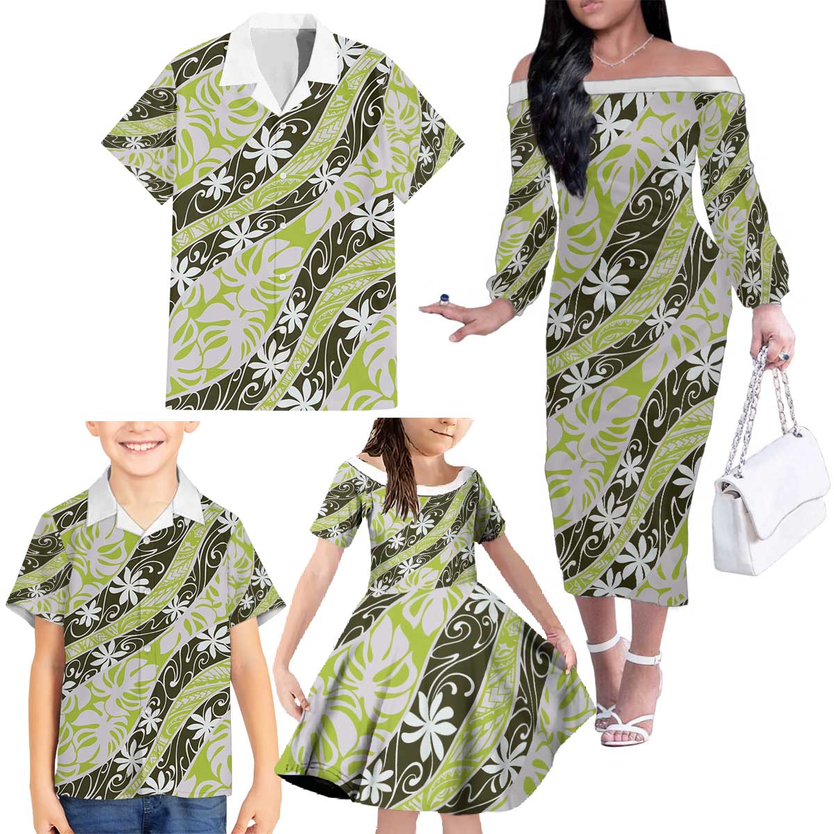 Olive Tahiti Tiare Monstera Family Matching Off The Shoulder Long Sleeve Dress and Hawaiian Shirt Polynesian Pattern Curve Style - Polynesian Pride