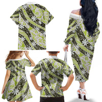 Olive Tahiti Tiare Monstera Family Matching Off The Shoulder Long Sleeve Dress and Hawaiian Shirt Polynesian Pattern Curve Style - Polynesian Pride