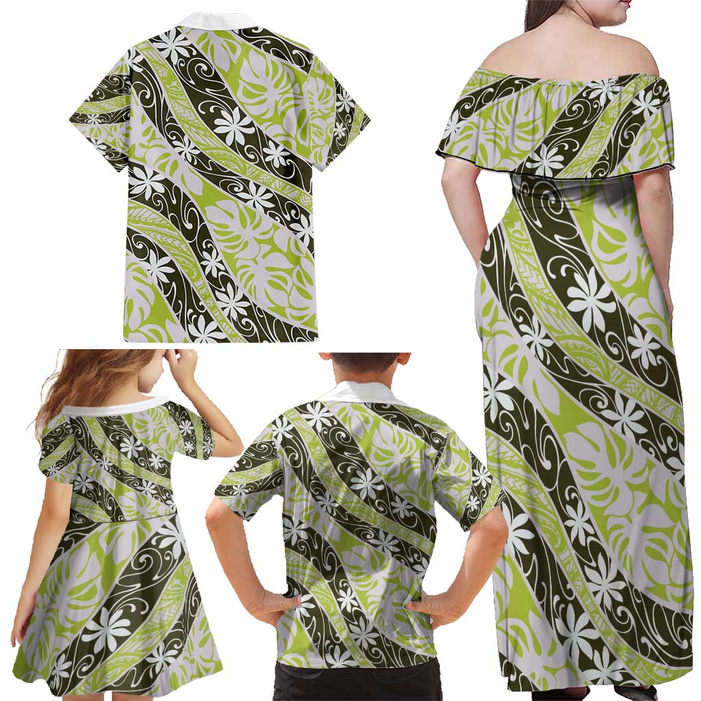 Olive Tahiti Tiare Monstera Family Matching Off Shoulder Maxi Dress and Hawaiian Shirt Polynesian Pattern Curve Style - Polynesian Pride