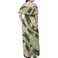 Olive Tahiti Tiare Monstera Family Matching Off Shoulder Maxi Dress and Hawaiian Shirt Polynesian Pattern Curve Style - Polynesian Pride