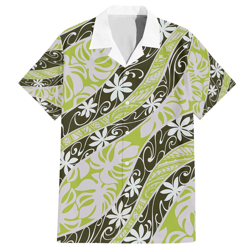 Olive Tahiti Tiare Monstera Family Matching Off Shoulder Short Dress and Hawaiian Shirt Polynesian Pattern Curve Style - Polynesian Pride