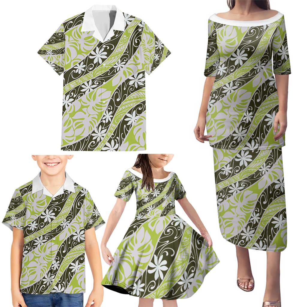 Olive Tahiti Tiare Monstera Family Matching Puletasi and Hawaiian Shirt Polynesian Pattern Curve Style - Polynesian Pride
