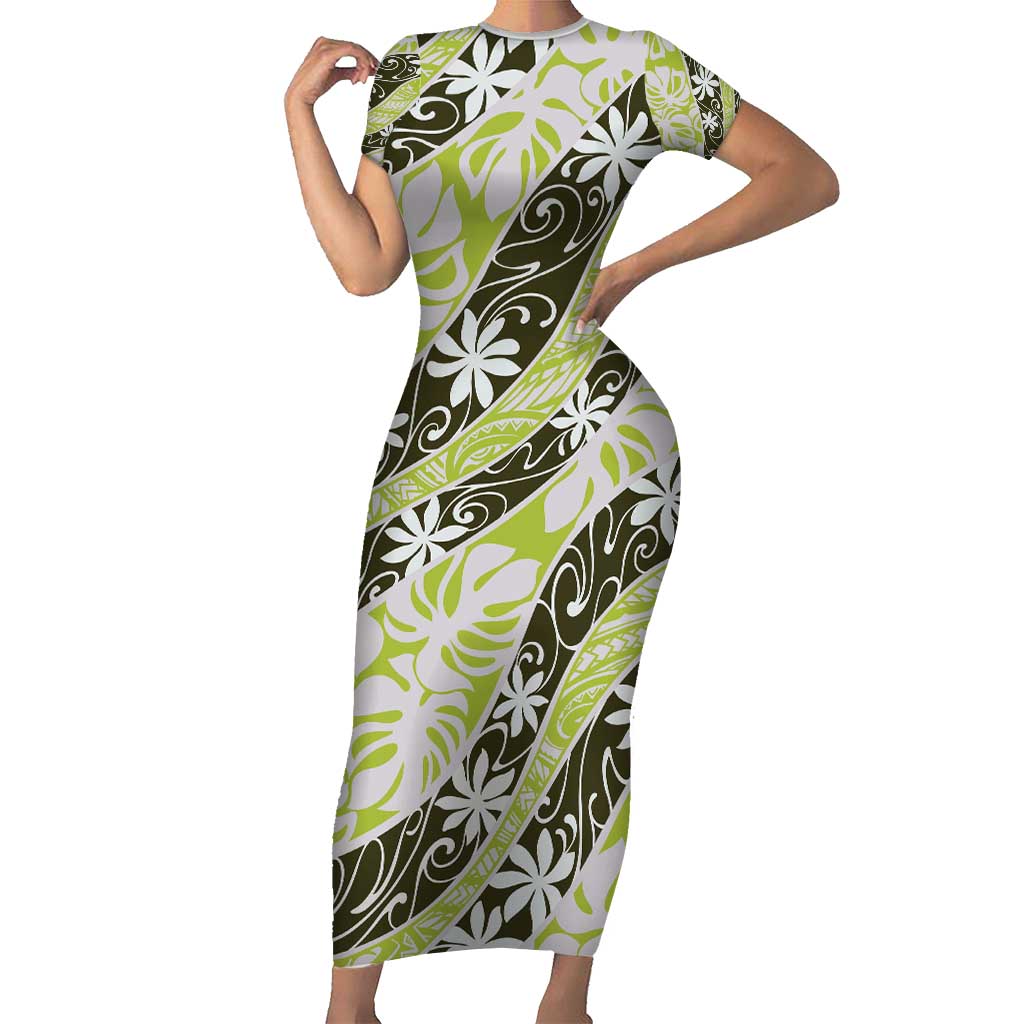 Olive Tahiti Tiare Monstera Family Matching Short Sleeve Bodycon Dress and Hawaiian Shirt Polynesian Pattern Curve Style - Polynesian Pride