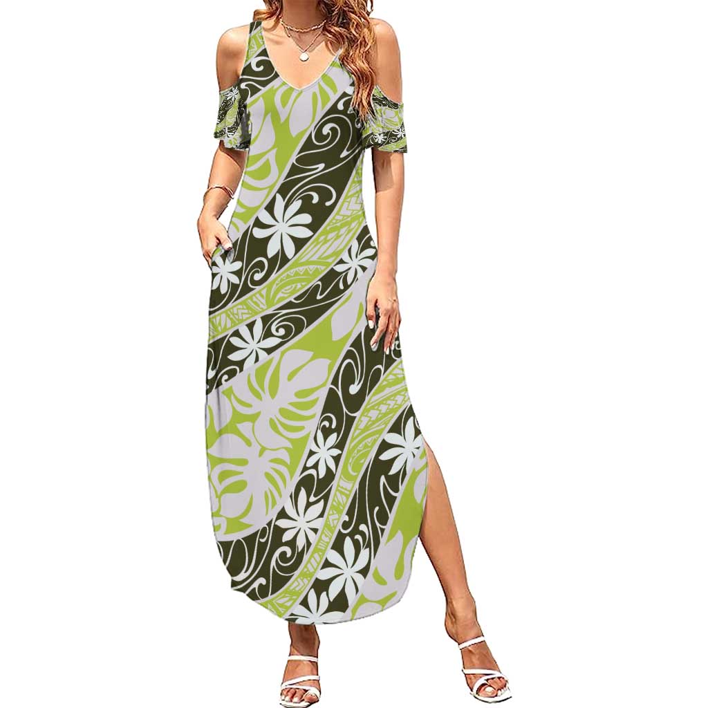 Olive Tahiti Tiare Monstera Family Matching Summer Maxi Dress and Hawaiian Shirt Polynesian Pattern Curve Style - Polynesian Pride