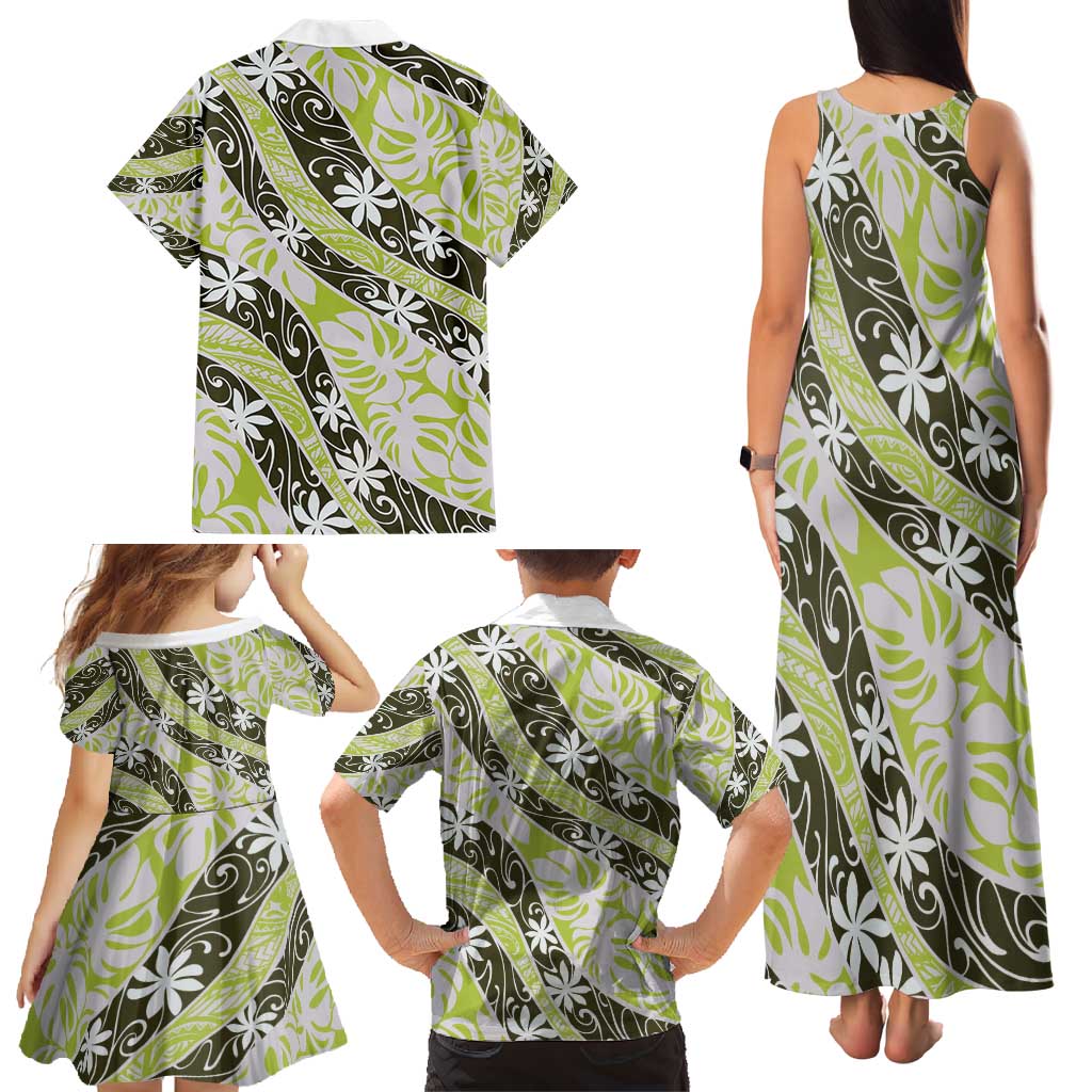 Olive Tahiti Tiare Monstera Family Matching Tank Maxi Dress and Hawaiian Shirt Polynesian Pattern Curve Style - Polynesian Pride