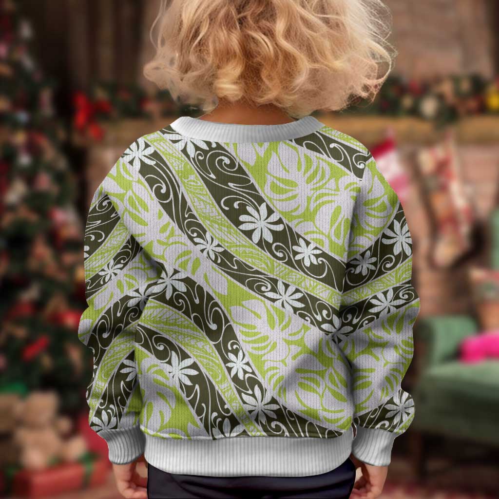 Olive Tahiti Tiare Monstera Kid Ugly Christmas Sweater Polynesian Pattern Curve Style - Polynesian Pride