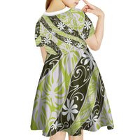 Olive Tahiti Tiare Monstera Kid Short Sleeve Dress Polynesian Pattern Curve Style - Polynesian Pride