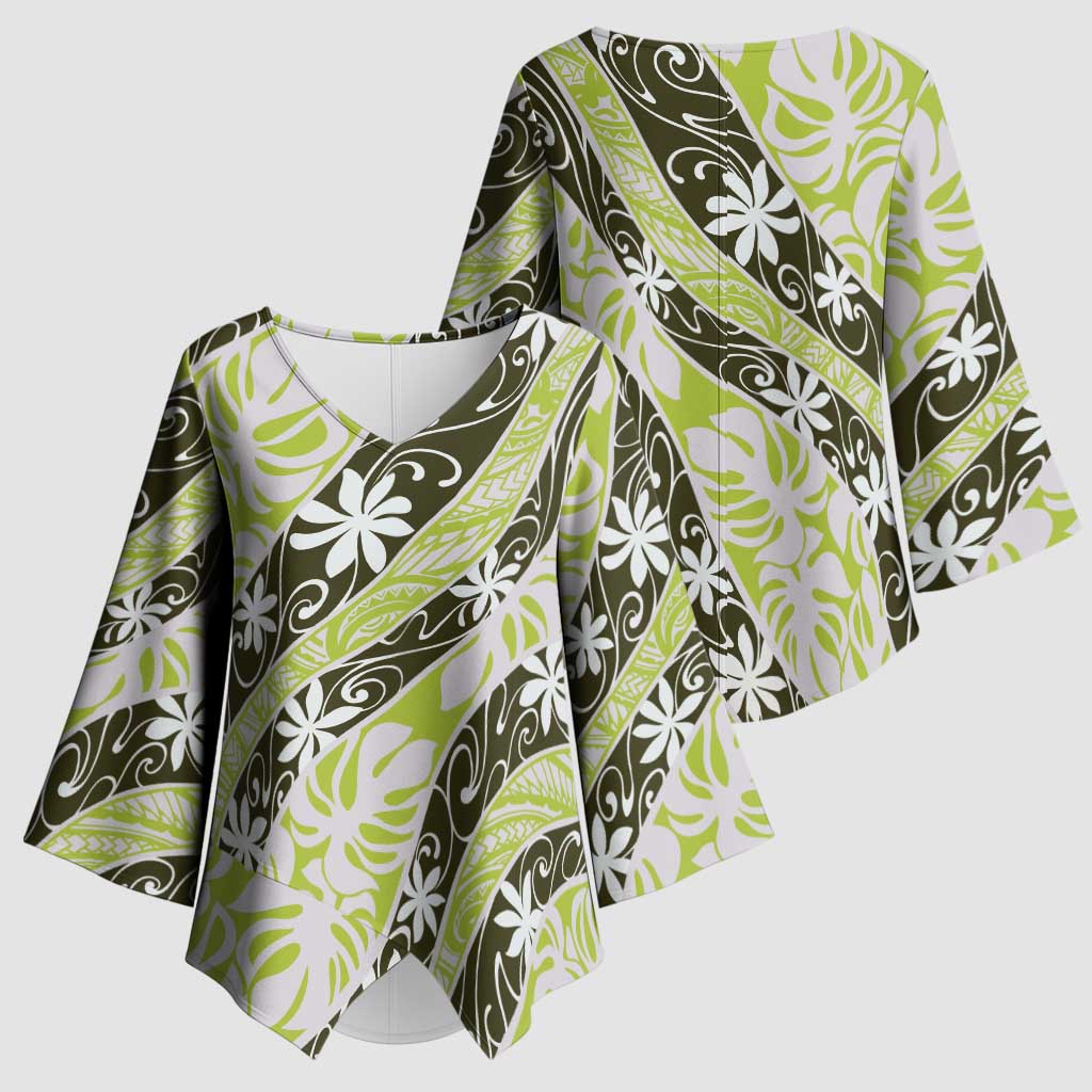 Olive Tahiti Tiare Monstera Kimono Sleeve Blouse Polynesian Pattern Curve Style - Polynesian Pride