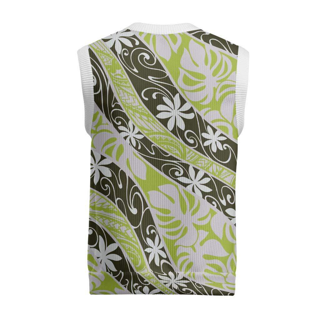Olive Tahiti Tiare Monstera Christmas Knitted V-Neck Vest Polynesian Pattern Curve Style - Polynesian Pride