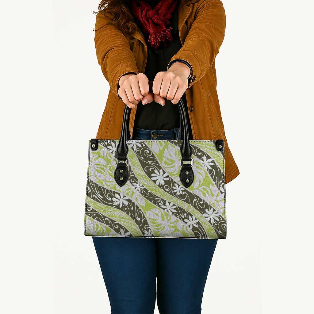 Olive Tahiti Tiare Monstera Leather Bag Polynesian Pattern Curve Style - Polynesian Pride