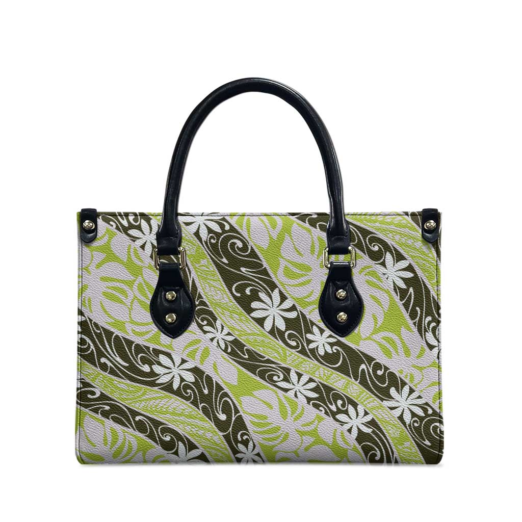 Olive Tahiti Tiare Monstera Leather Bag Polynesian Pattern Curve Style - Polynesian Pride
