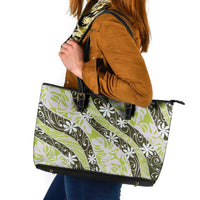 Olive Tahiti Tiare Monstera Leather Tote Bag Polynesian Pattern Curve Style - Polynesian Pride