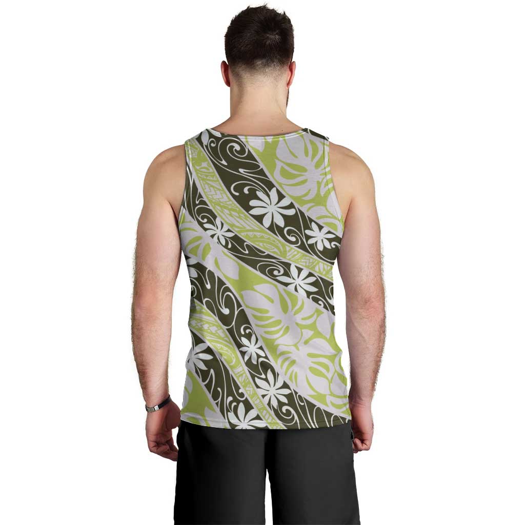Olive Tahiti Tiare Monstera Men Tank Top Polynesian Pattern Curve Style - Polynesian Pride