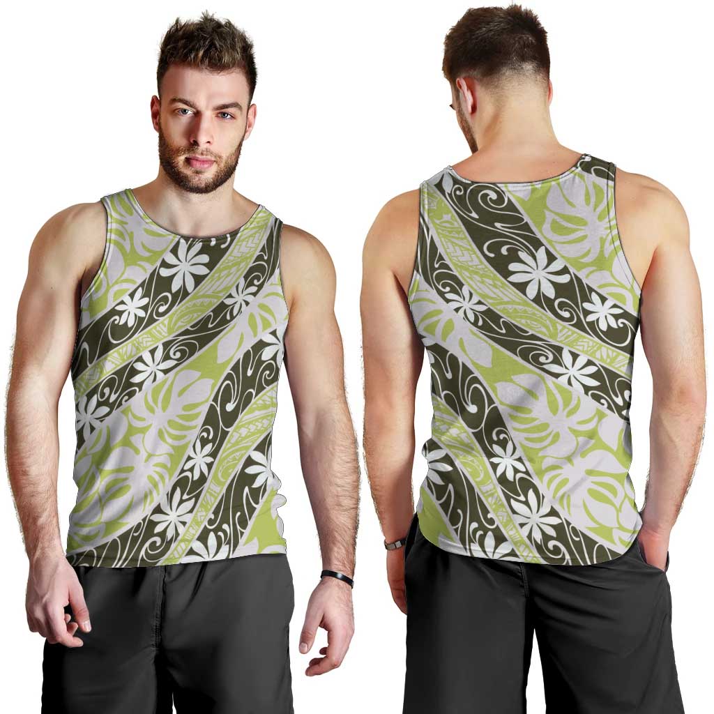 Olive Tahiti Tiare Monstera Men Tank Top Polynesian Pattern Curve Style - Polynesian Pride