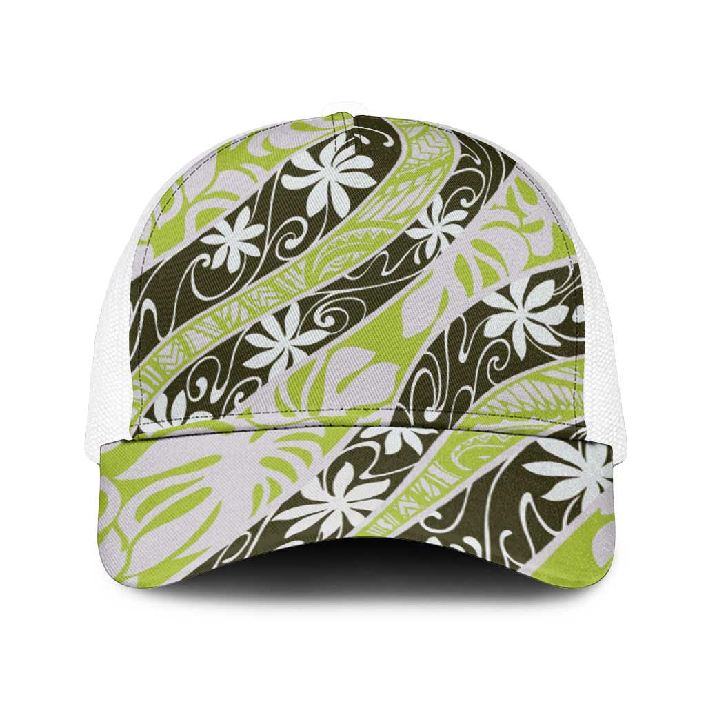 Olive Tahiti Tiare Monstera Mesh Trucker Cap Polynesian Pattern Curve Style - Polynesian Pride