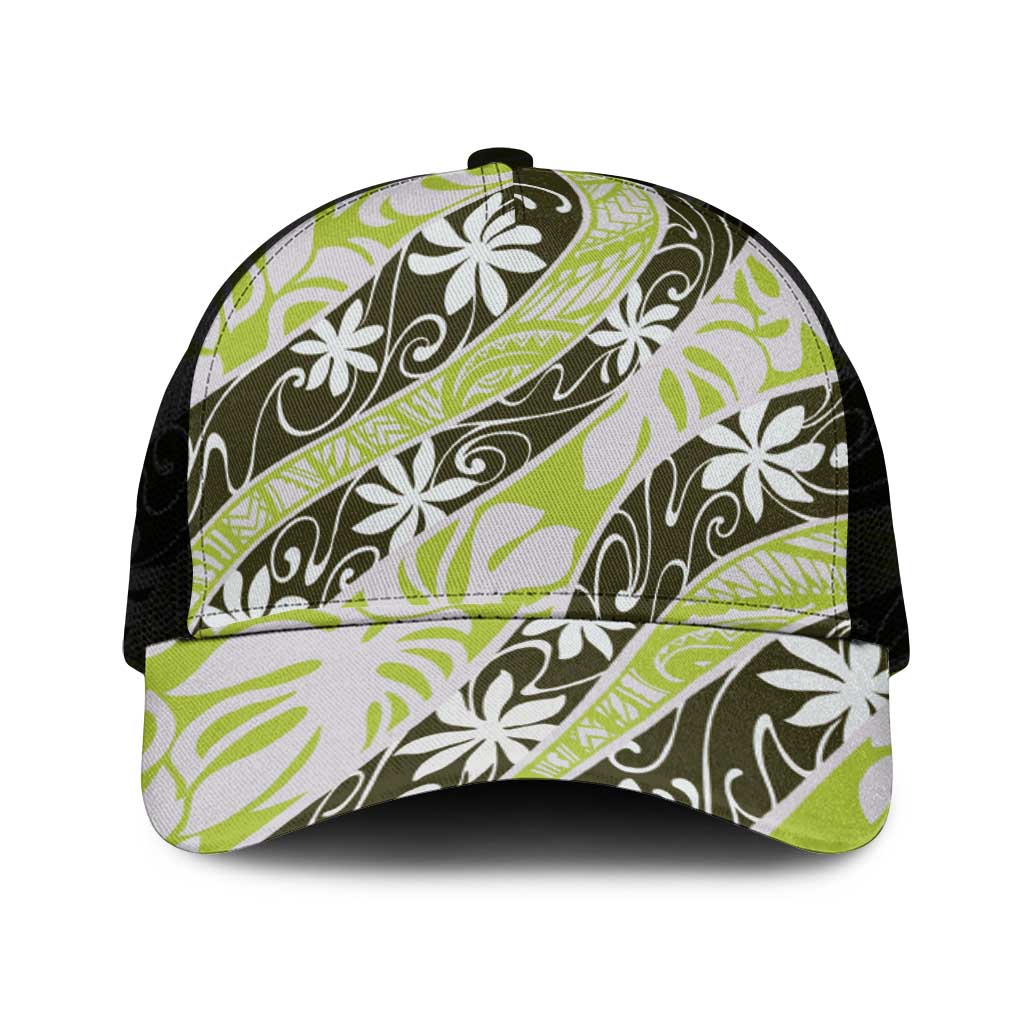 Olive Tahiti Tiare Monstera Mesh Trucker Cap Polynesian Pattern Curve Style - Polynesian Pride