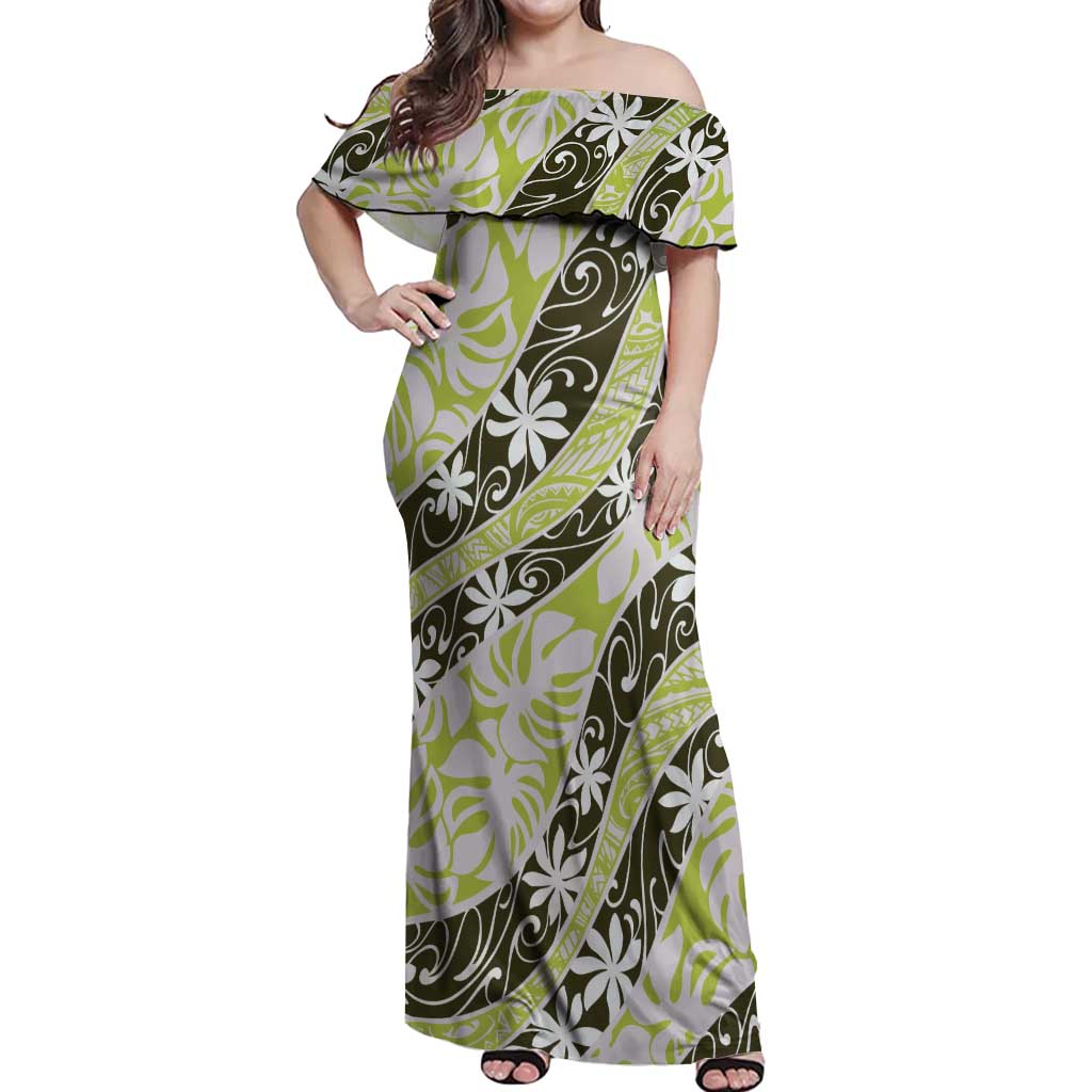 Olive Tahiti Tiare Monstera Off Shoulder Maxi Dress Polynesian Pattern Curve Style - Polynesian Pride