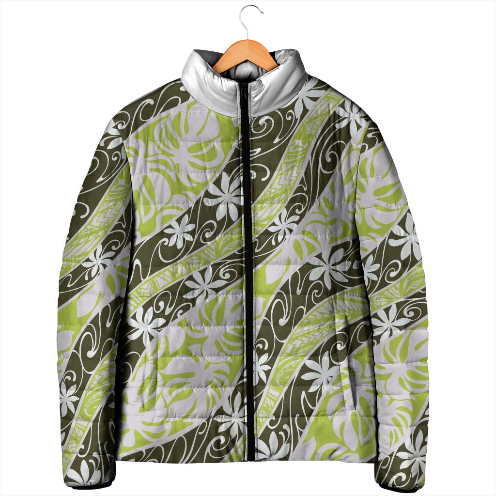 Olive Tahiti Tiare Monstera Padded Jacket Polynesian Pattern Curve Style - Polynesian Pride