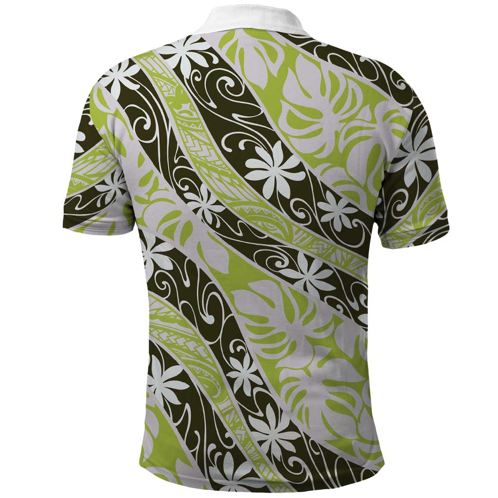 Olive Tahiti Tiare Monstera Polo Shirt Polynesian Pattern Curve Style - Polynesian Pride